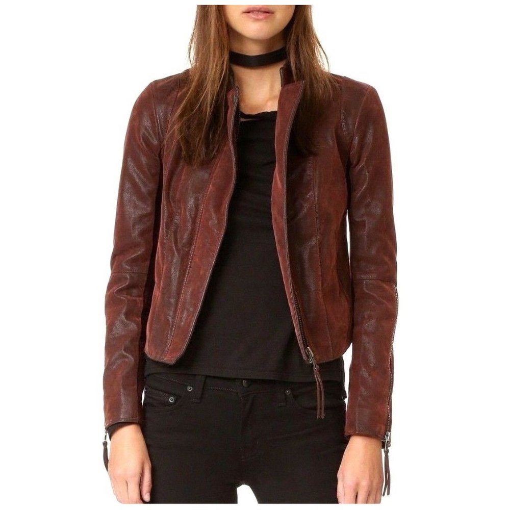 Free People Wine Coper Suede Moto Jacket Size 10
